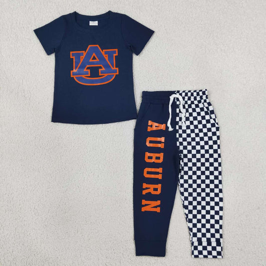 BSPO0694 Teams AU Vinyl Navy Top Auburn & Checkered Split Joggers Kids Clothes Set