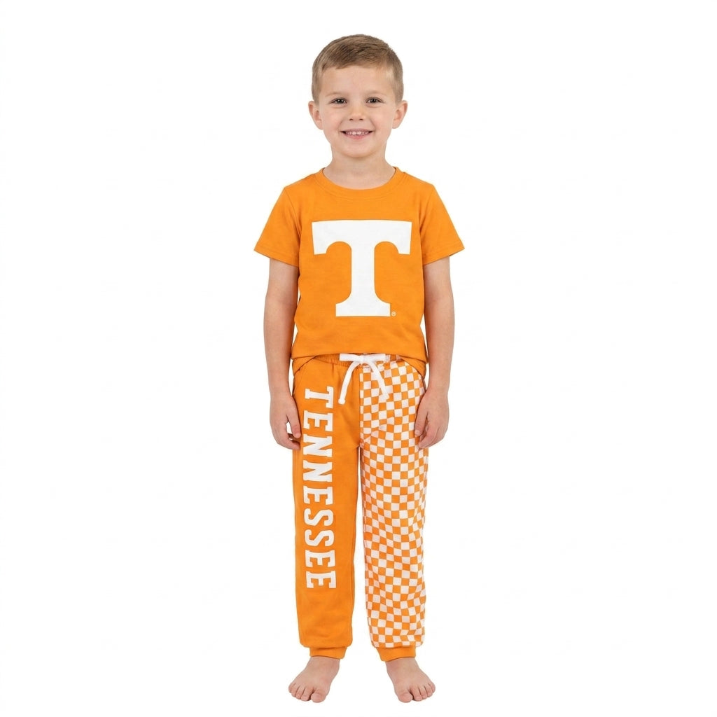BSPO0695 Teams T Vinyl Orange Top Tennessee & Checkered Split Joggers Kids Clothes Set