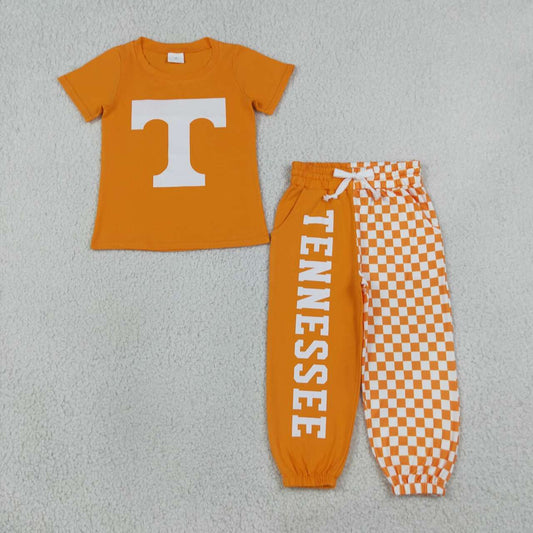 BSPO0695 Teams T Vinyl Orange Top Tennessee & Checkered Split Joggers Kids Clothes Set