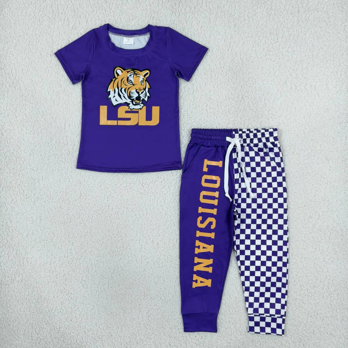 BSPO0698 Teams LSU Tiger Purple Top Checkered Split Joggers Kids Clothes Set
