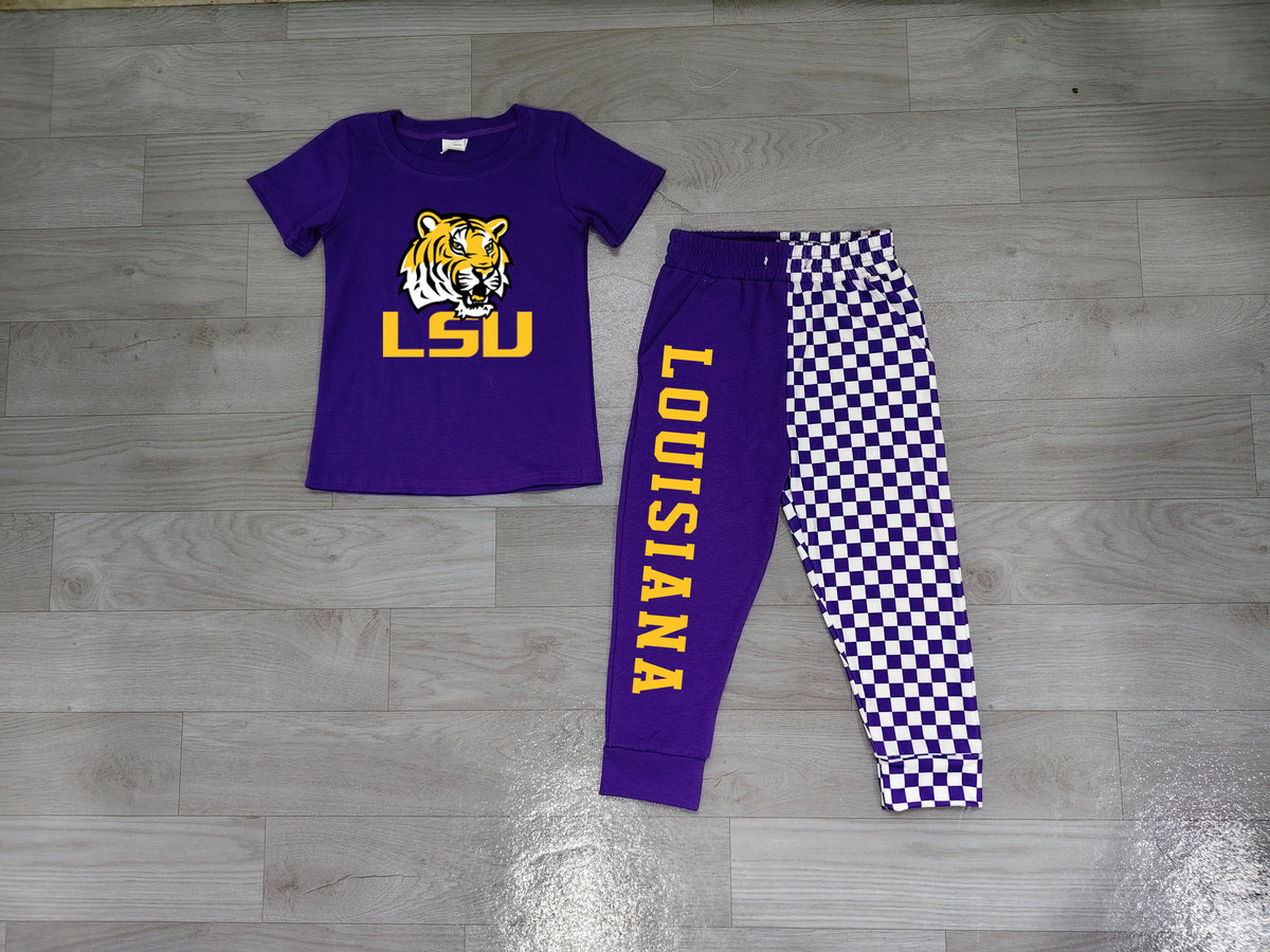 7.6 Preorder Kids Girls Lsu Tiger Short Sleeve Top with Checked Jogger Set