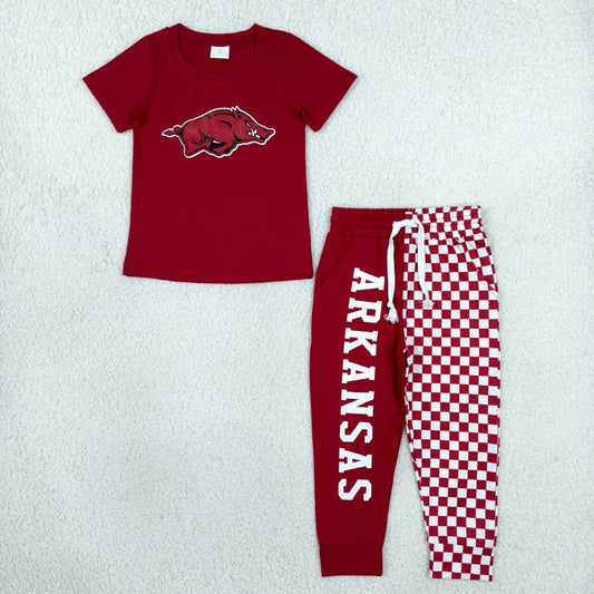 BSPO0699 Teams Arkansas Vinyl Maroon Top Checkered Split Joggers Kids Clothes Set