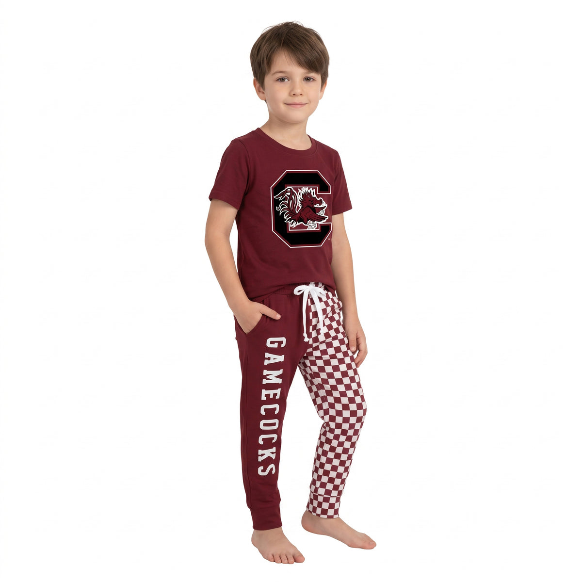 BSPO0701 Teams G Vinyl Maroon Top Gamecocks & Checkered Split Joggers Kids Clothes Set