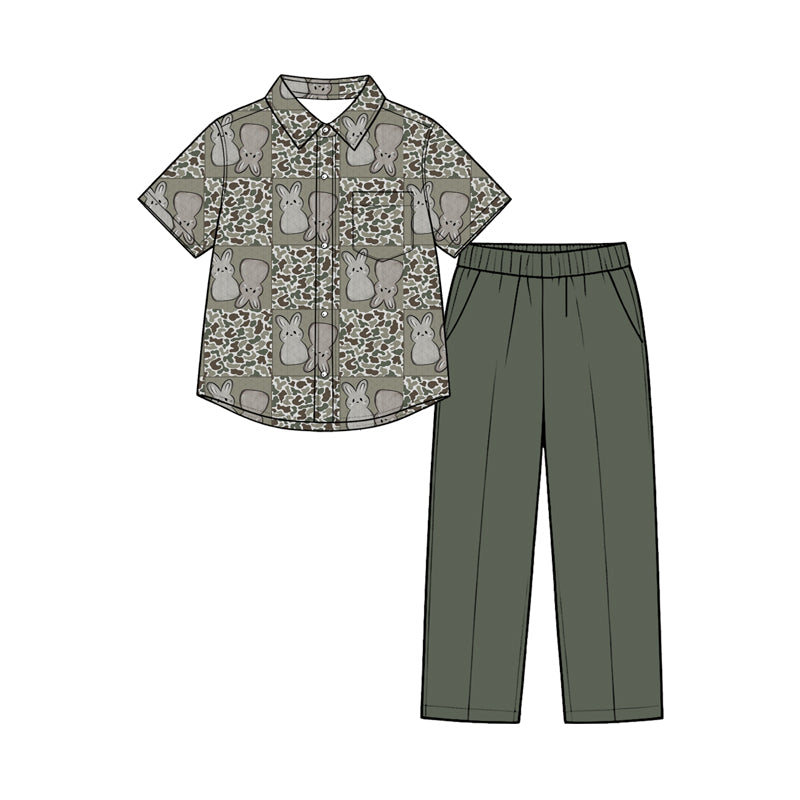 8.28 BSPO0714 Preorder Bunny Camo Checkered Top Pockets Pants Boys Easter Clothes Set
