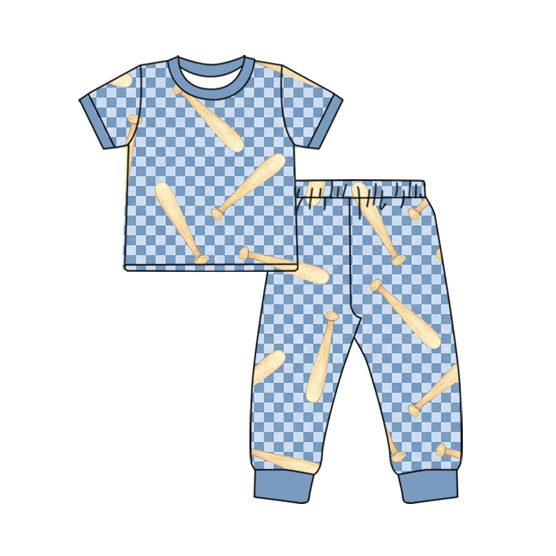 9.25 BSPO0728 Preorder Baseball Blue Checkered Print Boys Short Sleeve Pants Pajamas Clothes Set