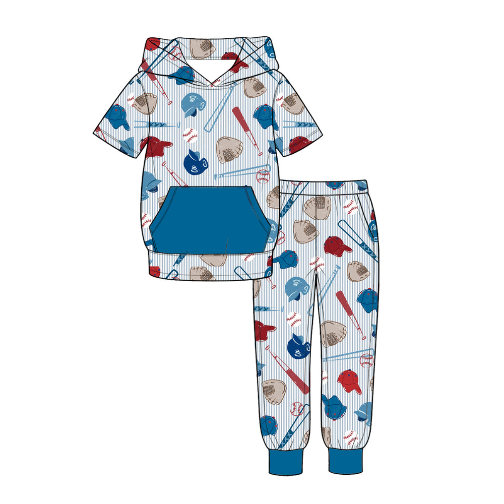 10.3 Preorder BSPO0733 Baby Boys Baseball Short Sleeve Hoodie Top Pants Set