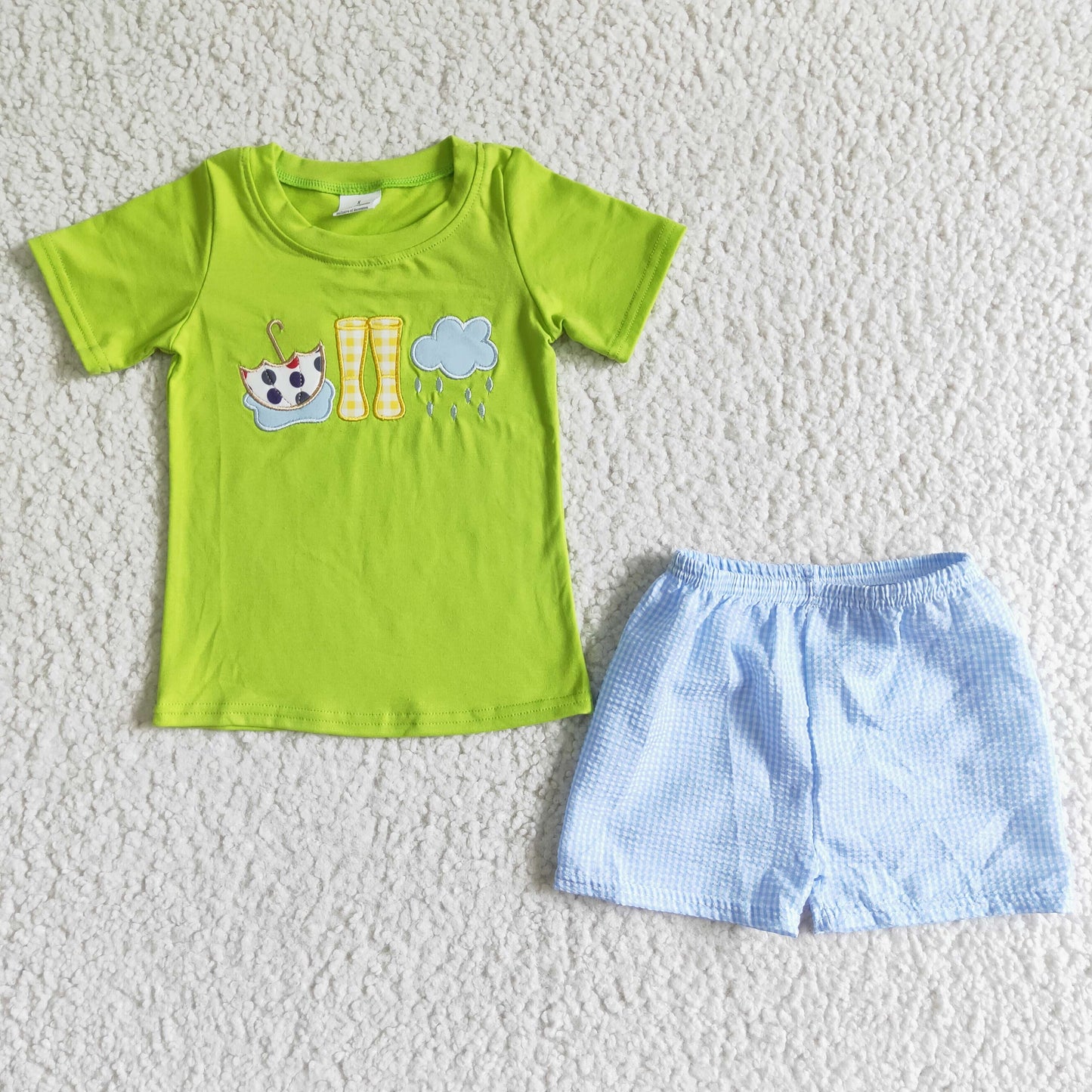 (Promotion)Rain Boots embroidery Green Top Plaid Shorts Boys summer outfits BSSO0082