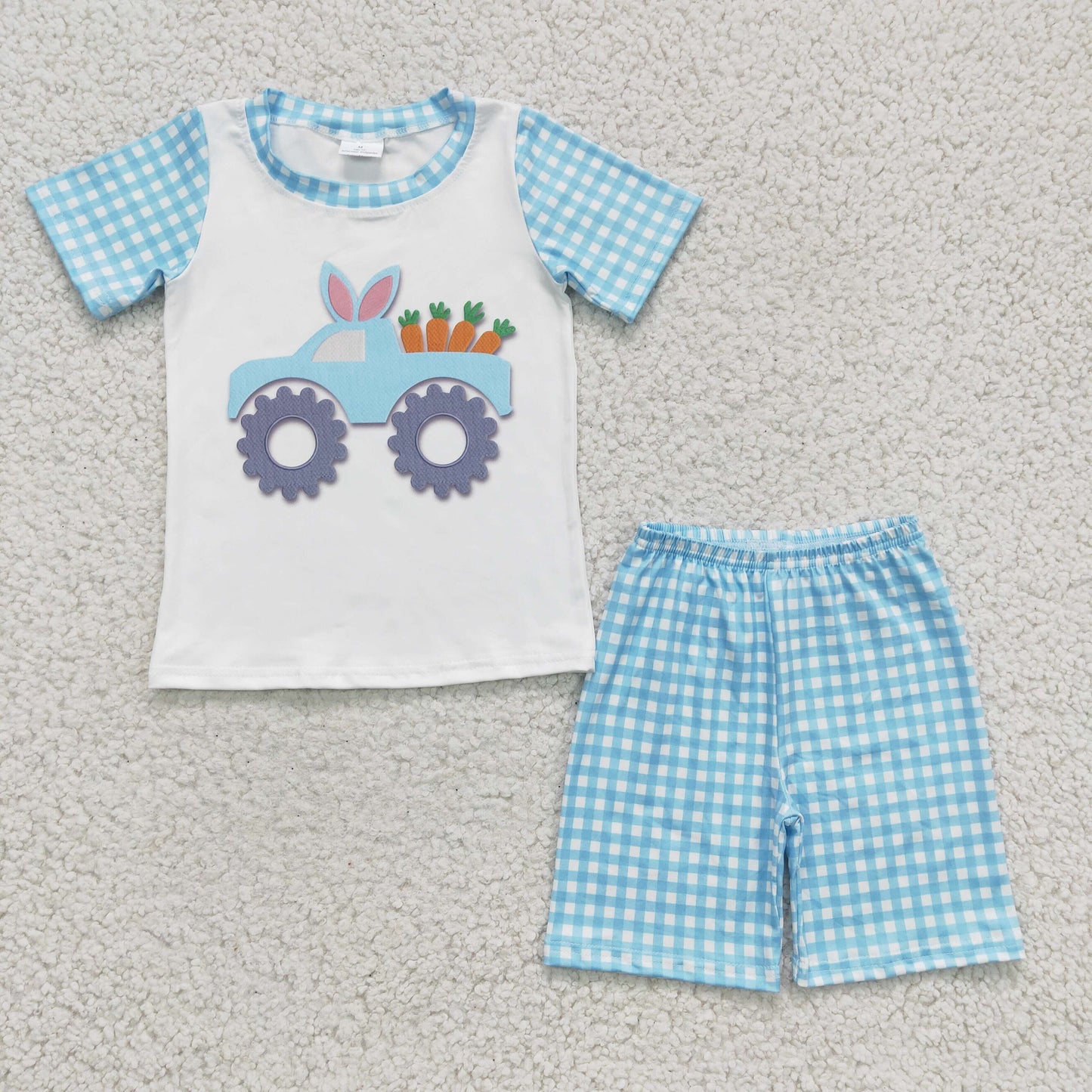 (Promotion)BSSO0091 Monster Trucks Carrot Top Plaid Shorts Boys Easter Clothes Set