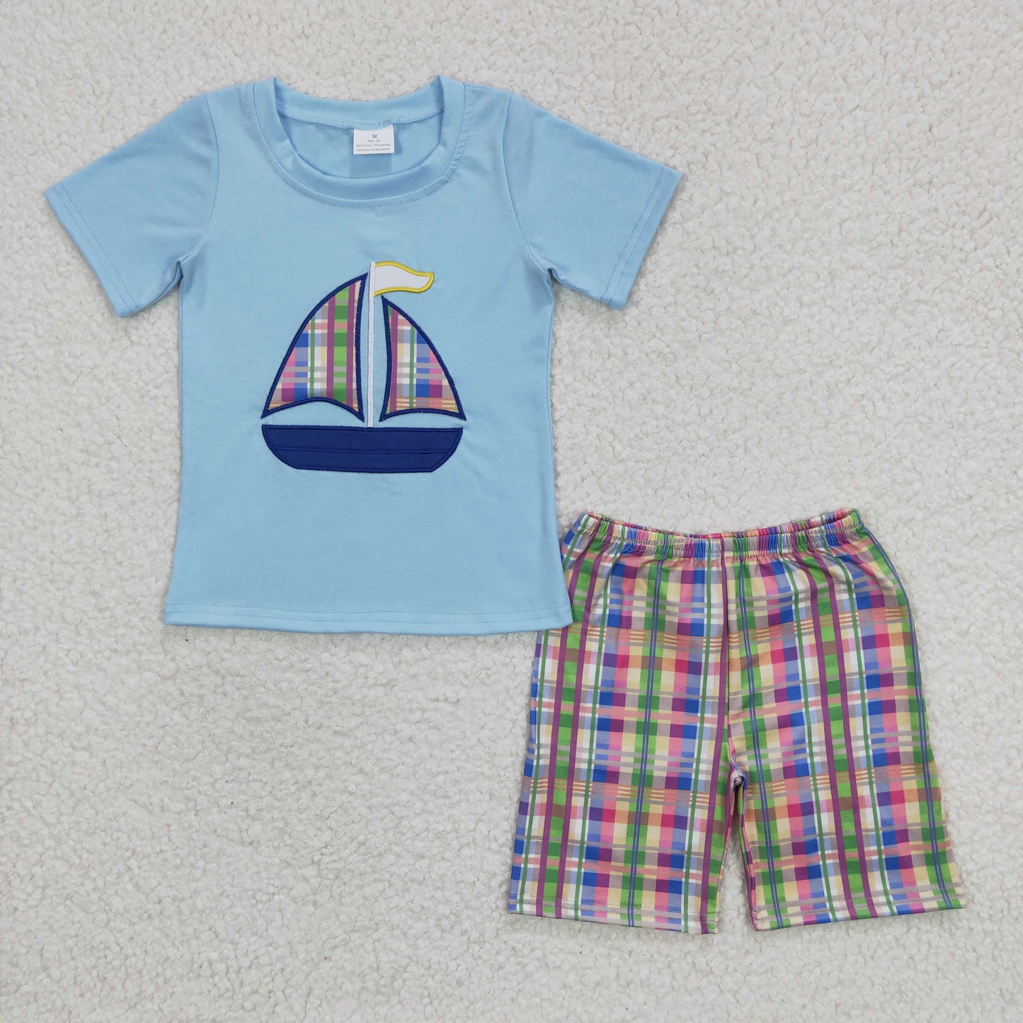 Baby Boys Embroidery Boat Blue Top with Shorts Outfit $5.5