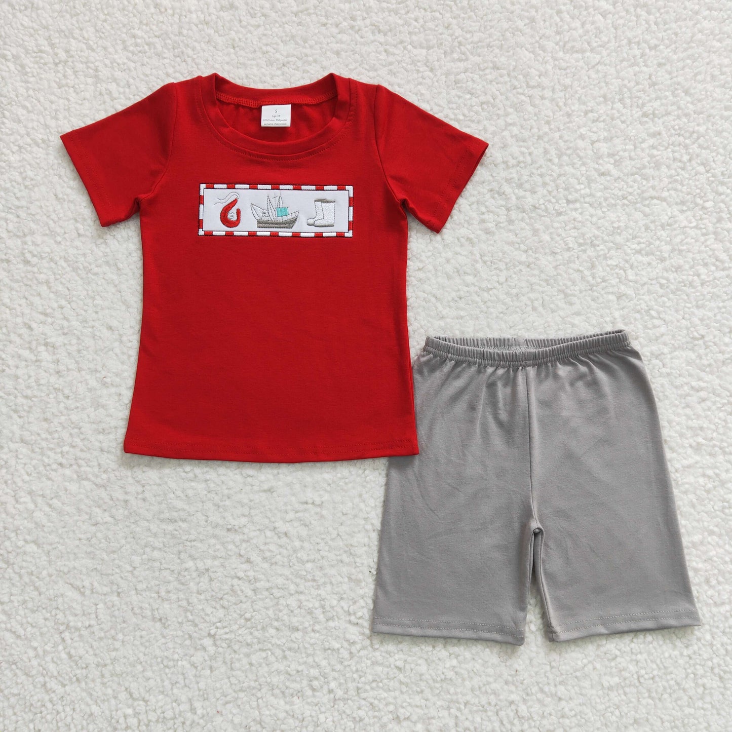 Matching Sibling Pirate Outfits - Red Embroidered T-Shirt & Gray Shorts Set for Brother & Sister