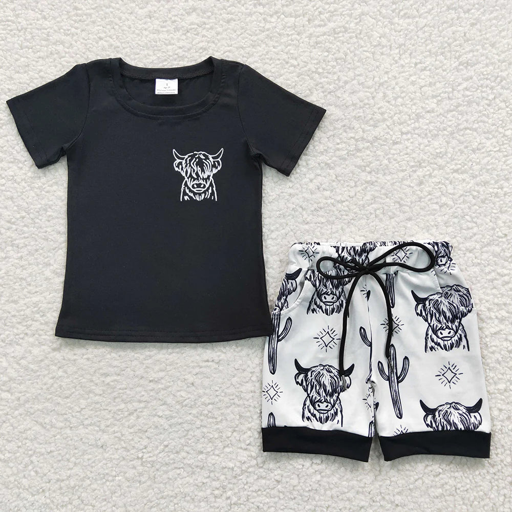 Sibling Baby Boys Western Cow Pocket Top Shorts Clothes Sets
