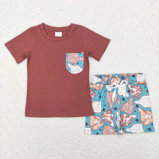 Sibling Baby Boys Western Cow Pocket Top Shorts Clothes Sets