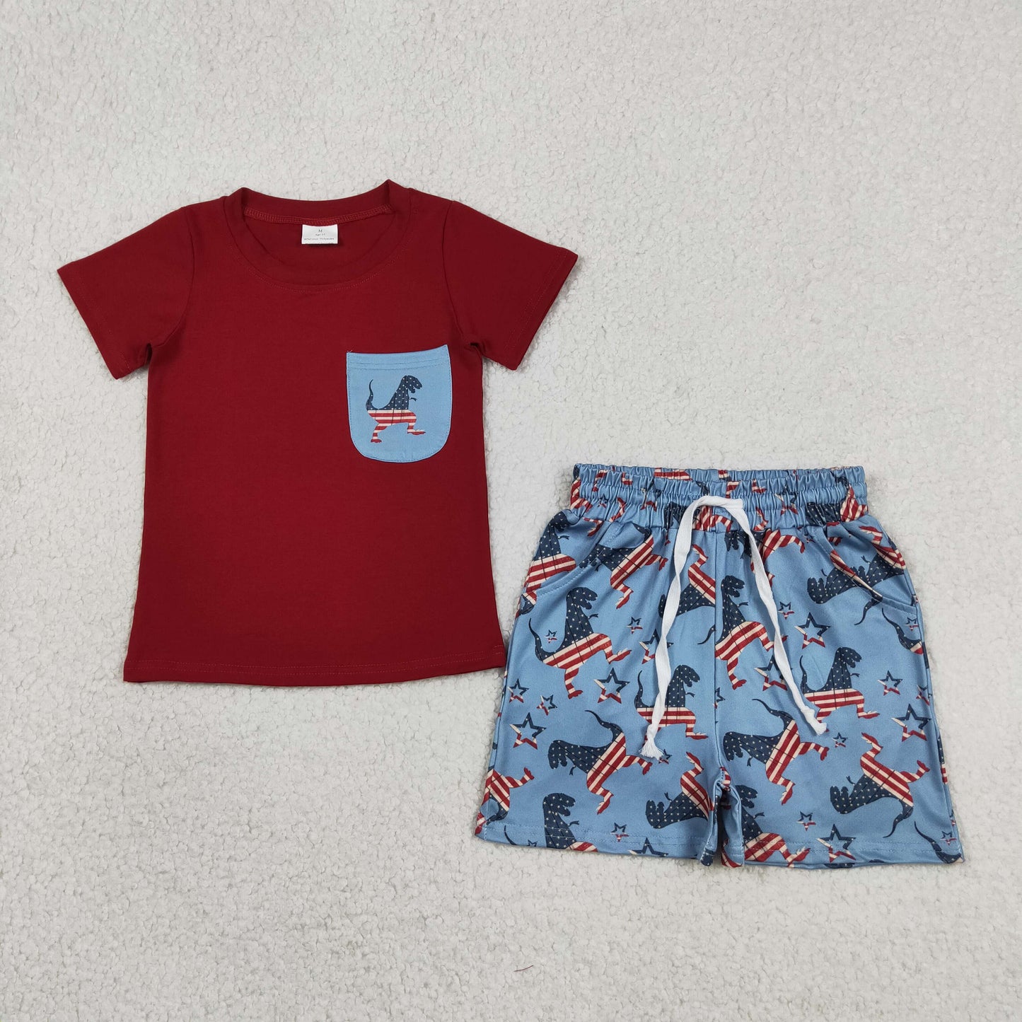 BSSO0519 Toddler Red Pocket Top Boys 4th of July dinosaur Shorts Outfits