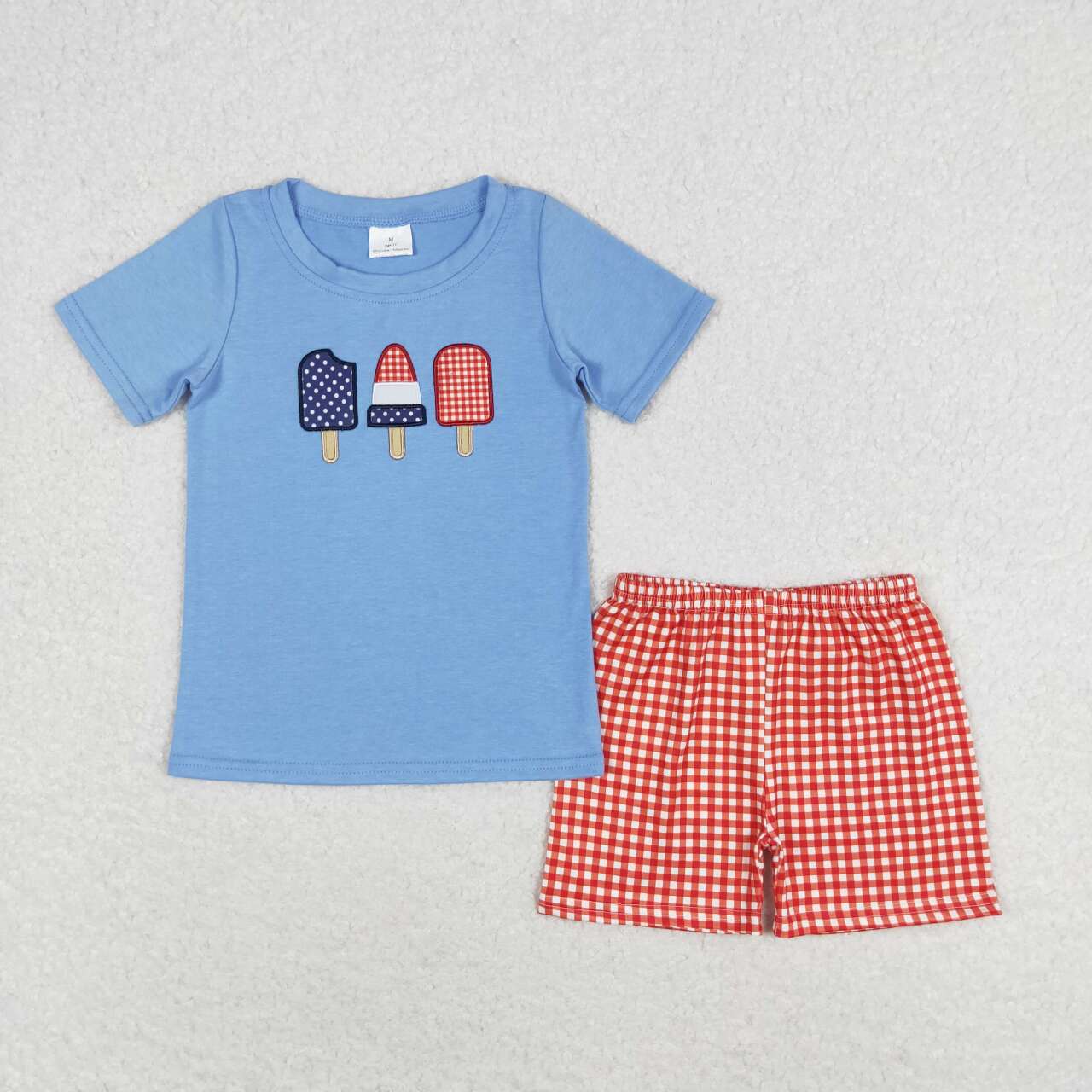 BSSO0744 Popsicle Embroidery Blue Top Plaid Shorts Boys 4th of July Outfits