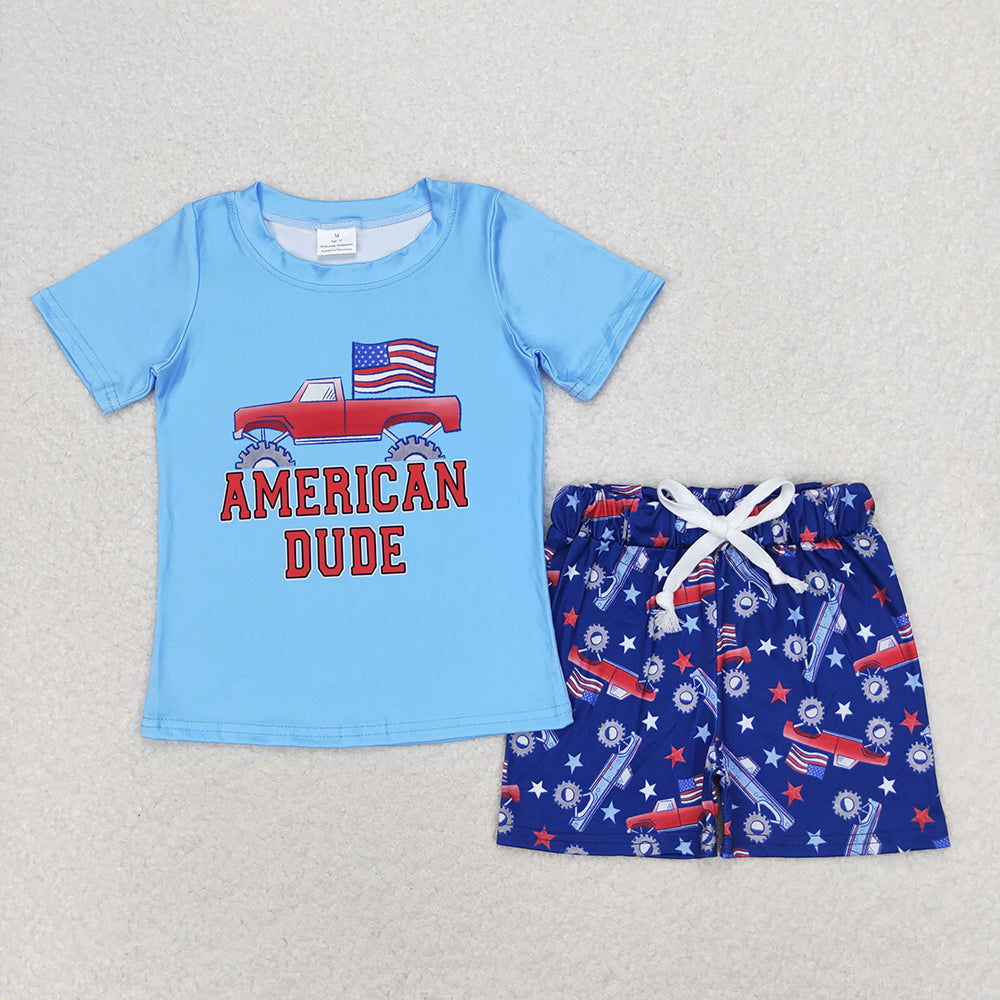 BSSO0823 AMERICAN DUDE Blue Top Monster Trucks Stars Shorts Baby Boys 4th of July Clothes Sets