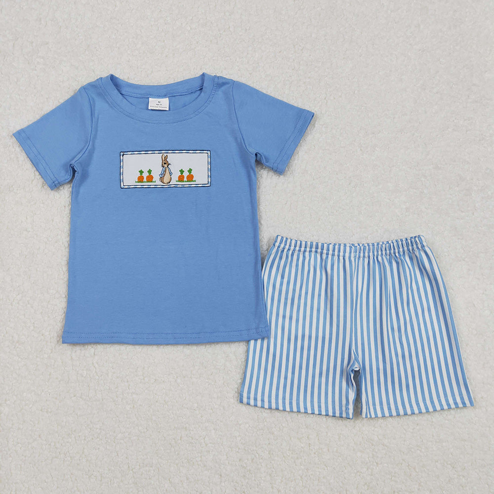 BSSO1026 Bunny Embroidery Blue Top Stripes Shorts Boys Easter Clothes Set