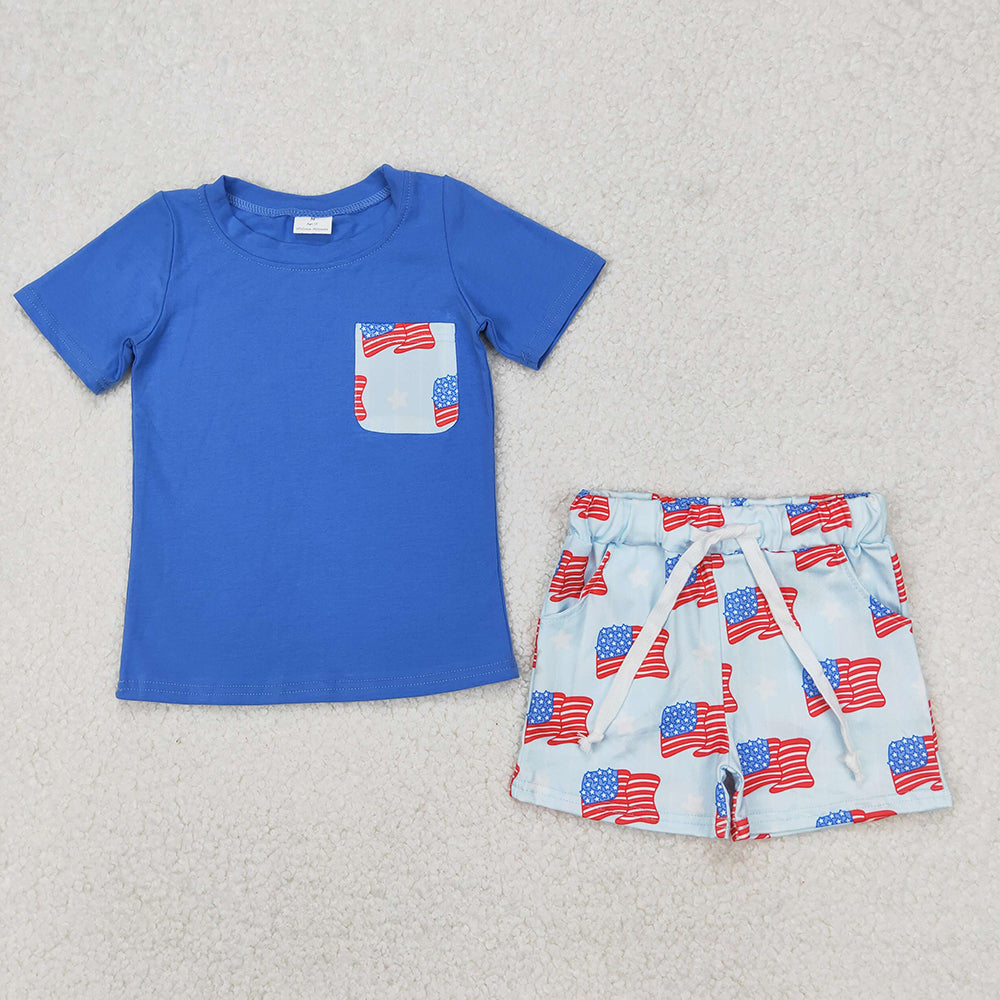 BSSO1258 Blue Pocket Top Flag Shorts Baby Boys 4th of July Clothes Set