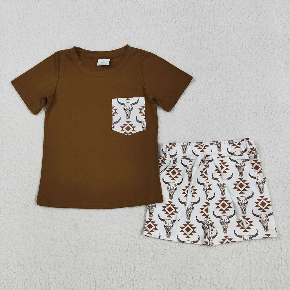 Baby Boys Brown Pocket Top Aztec Cow Shorts Clothes Sets