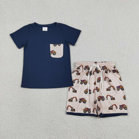 BSSO1364 Navy Pocket Top Excavator Shorts Boys Summer Outfits