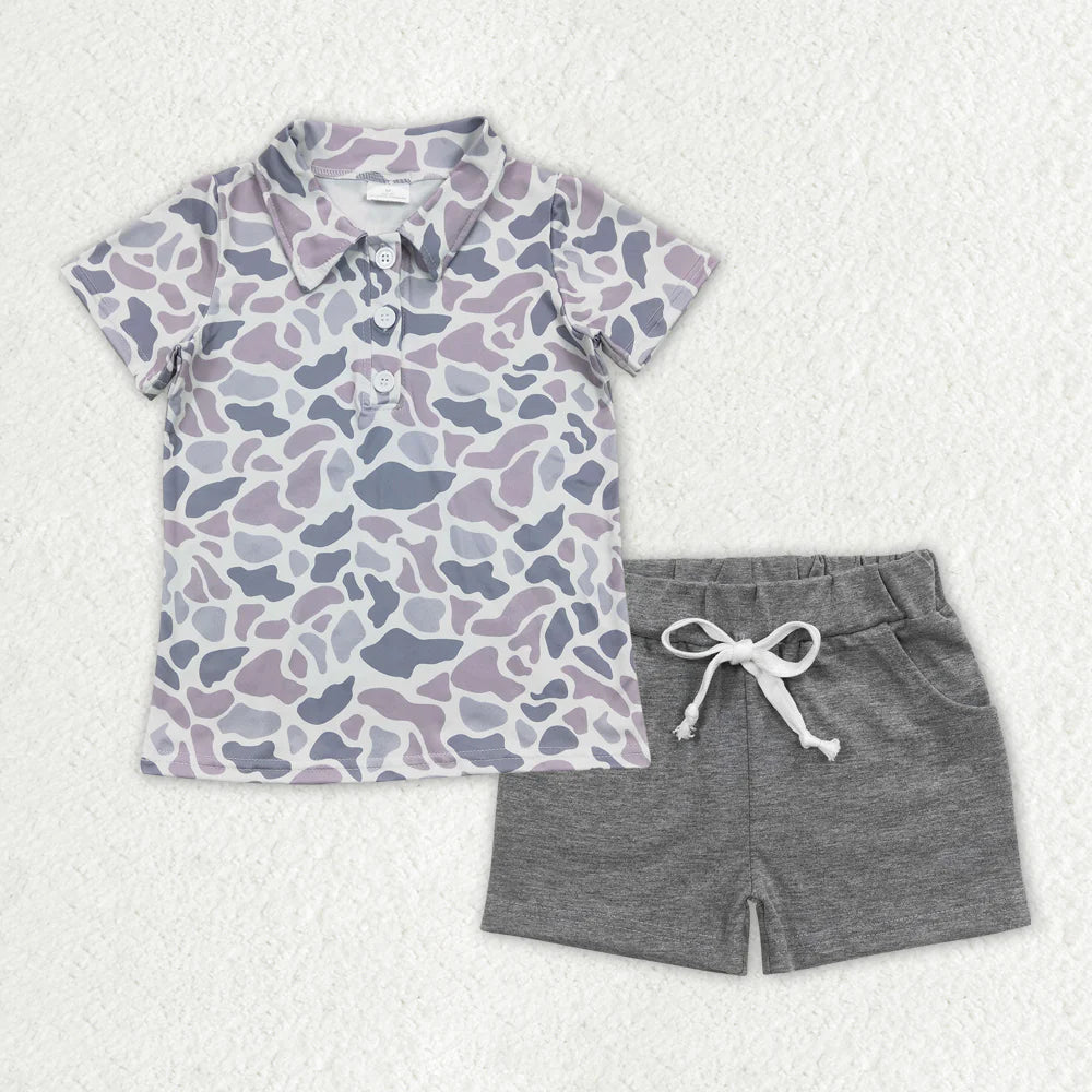 Sibling Baby Boys Camo Dog Print Button Shirts Pockets Short Outfit
