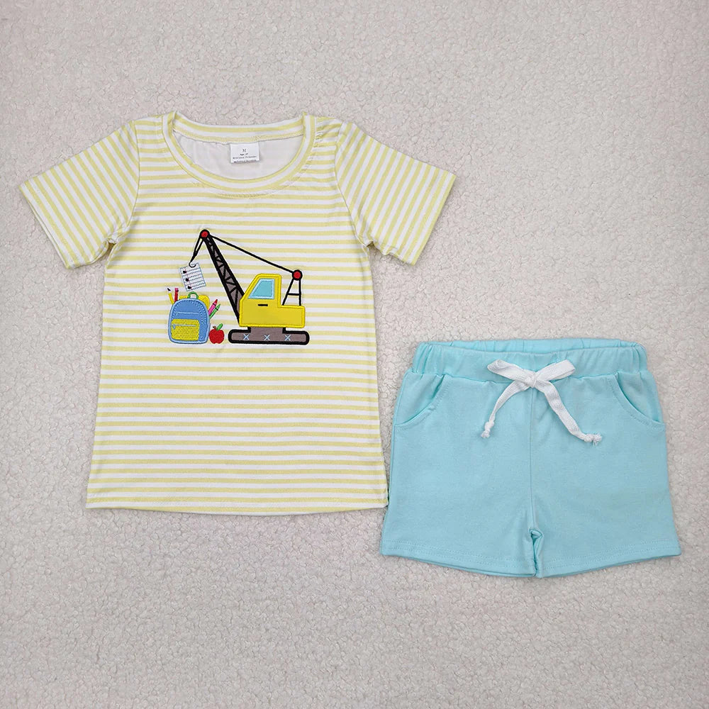 Embroidery Baby Boys Back To School Excavator Shirts Top Blue Pockets Shorts Sets