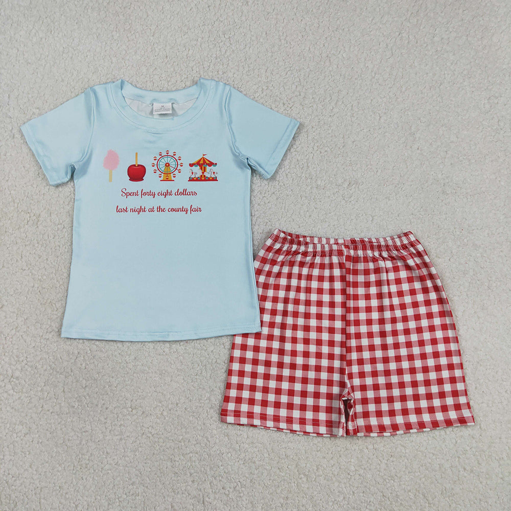 BSSO1482 County Fair Blue Top Plaid Shorts Boys Summer Clothes Set