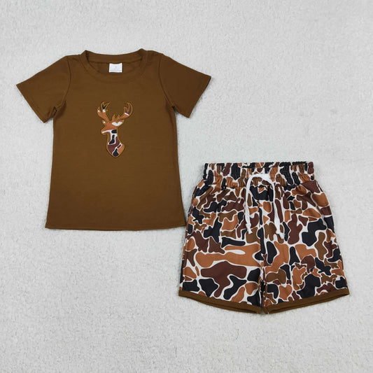 Sibling Baby Boys Embroidery Brown Camo Deer Pockets Pant Short Hunting Clothes Sets