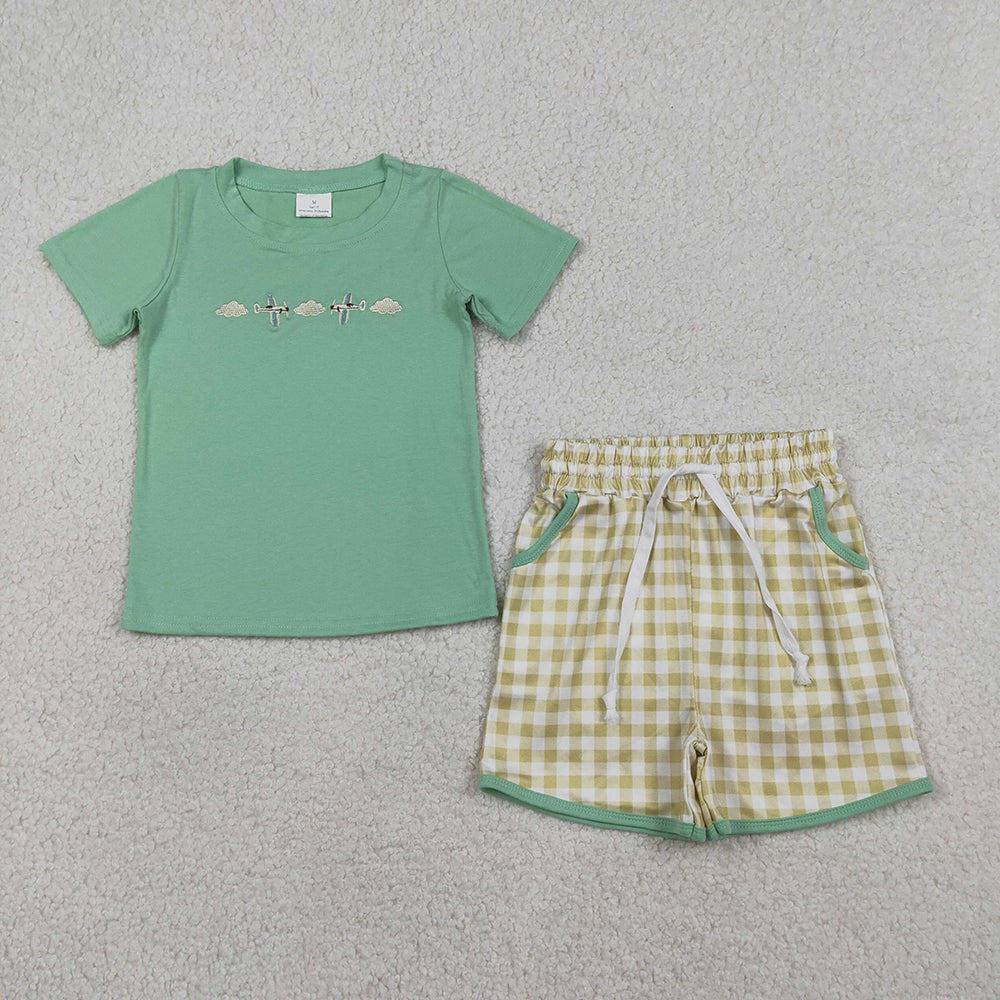 BSSO1684 Airplane Embroidery Green Top Plaid Shorts Boys Summer Clothes Set