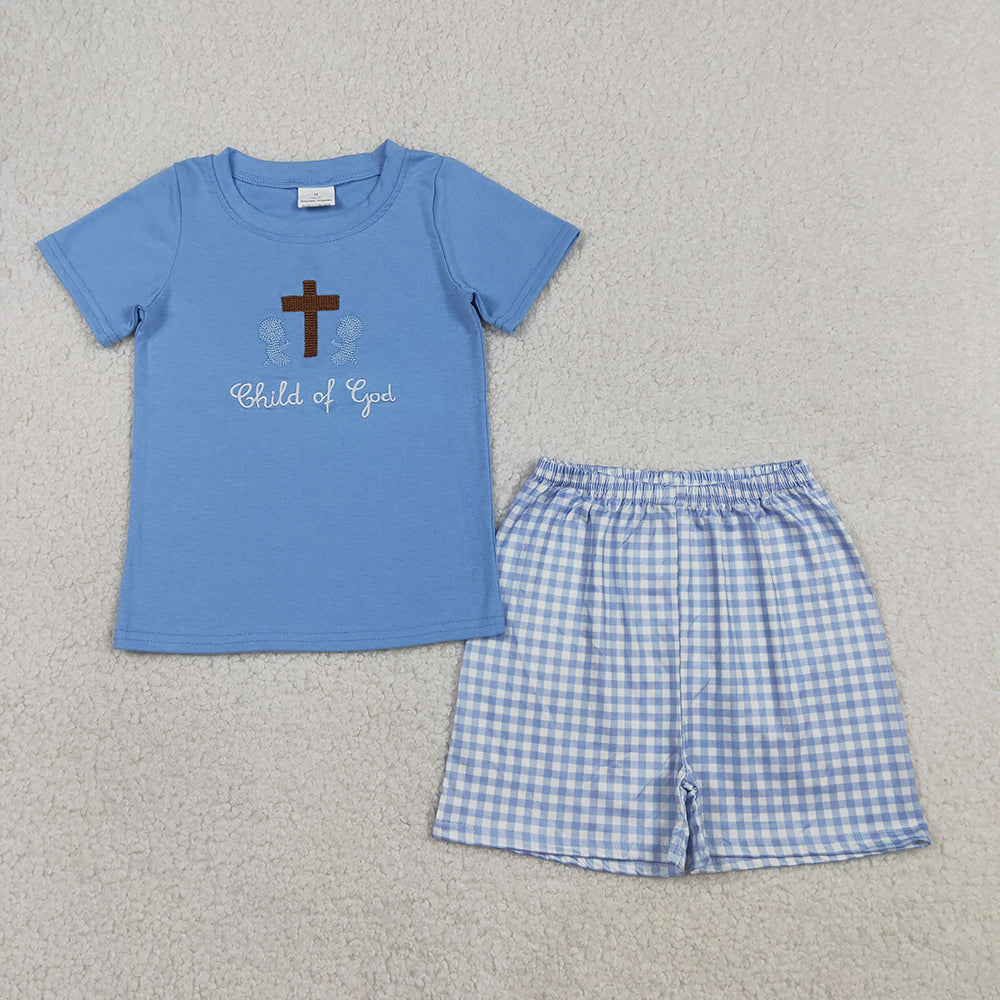 BSSO1714 Child of God Cross Embroidery Blue Top Plaid Shorts Boys Easter Clothes Set