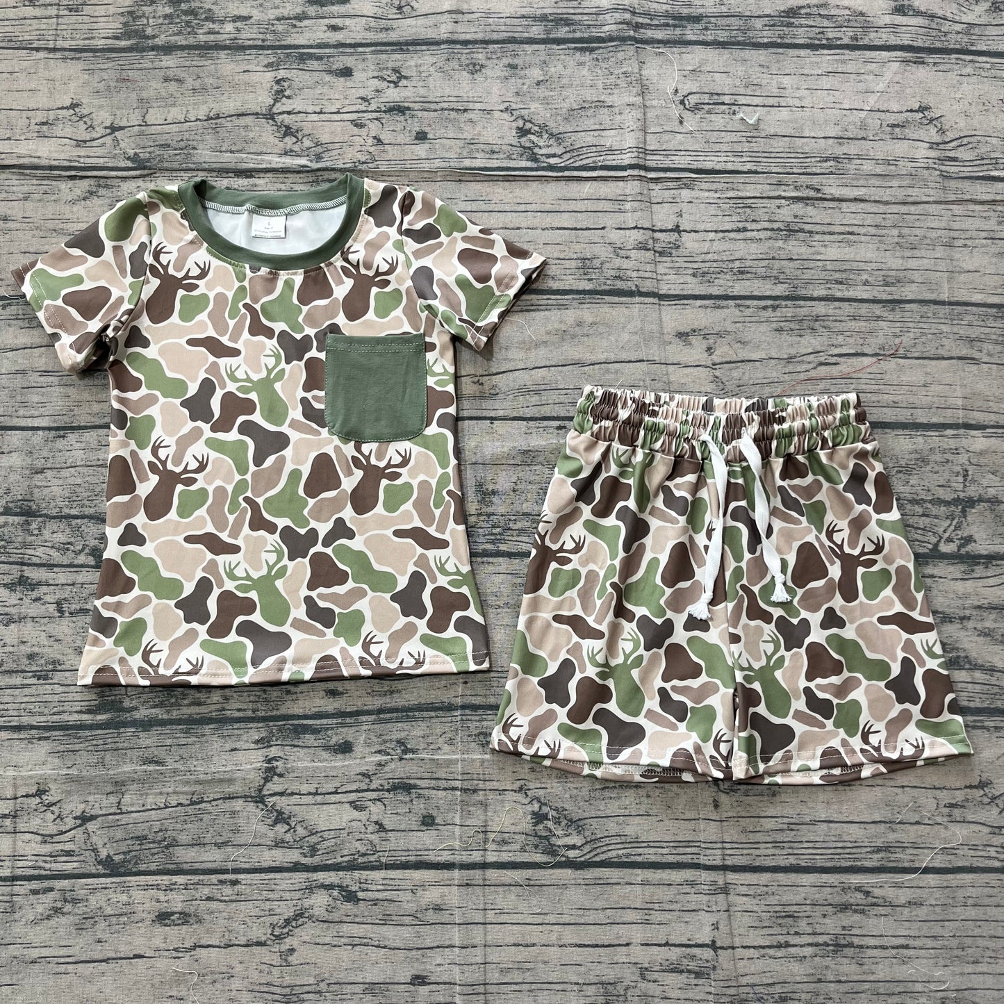 BSSO1792 Boys’ Green Pocket Moose Antler Camo Short Sleeve Top & Shorts Set