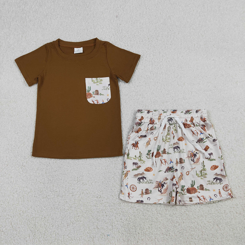 Cowboys Print Boys Summer Western Clothes Sibling Matching Wear