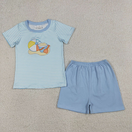 BSSO1834 Beach Ball Embroidery Striped Tee & Blue Shorts Set – Boys’