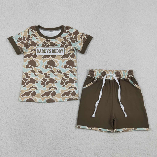 BSSO1839 DADDY'S BUDDY Embroidery Camo Top Brown Pockets Shorts Boys Summer Clothes Set
