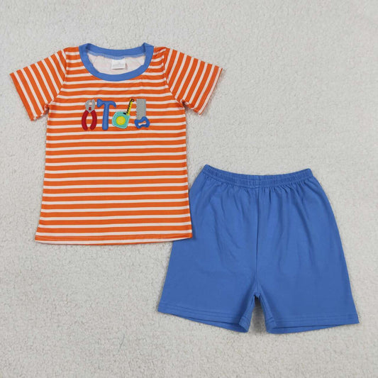 BSSO1851 Tool Embroidery Stripes Top Blue Shorts Boys Summer Clothes Set