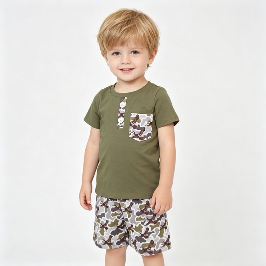 BSSO1856 Green Pocket Polo Top Duck Camo Shorts Boys Summer Clothes Set