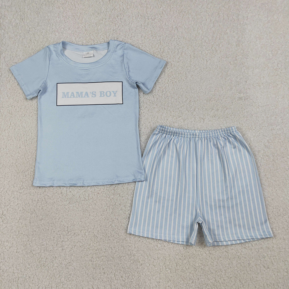 BSSO1876 Boys’ “MAMA’S BOY” Blue Short Sleeve Top & Striped Shorts Set