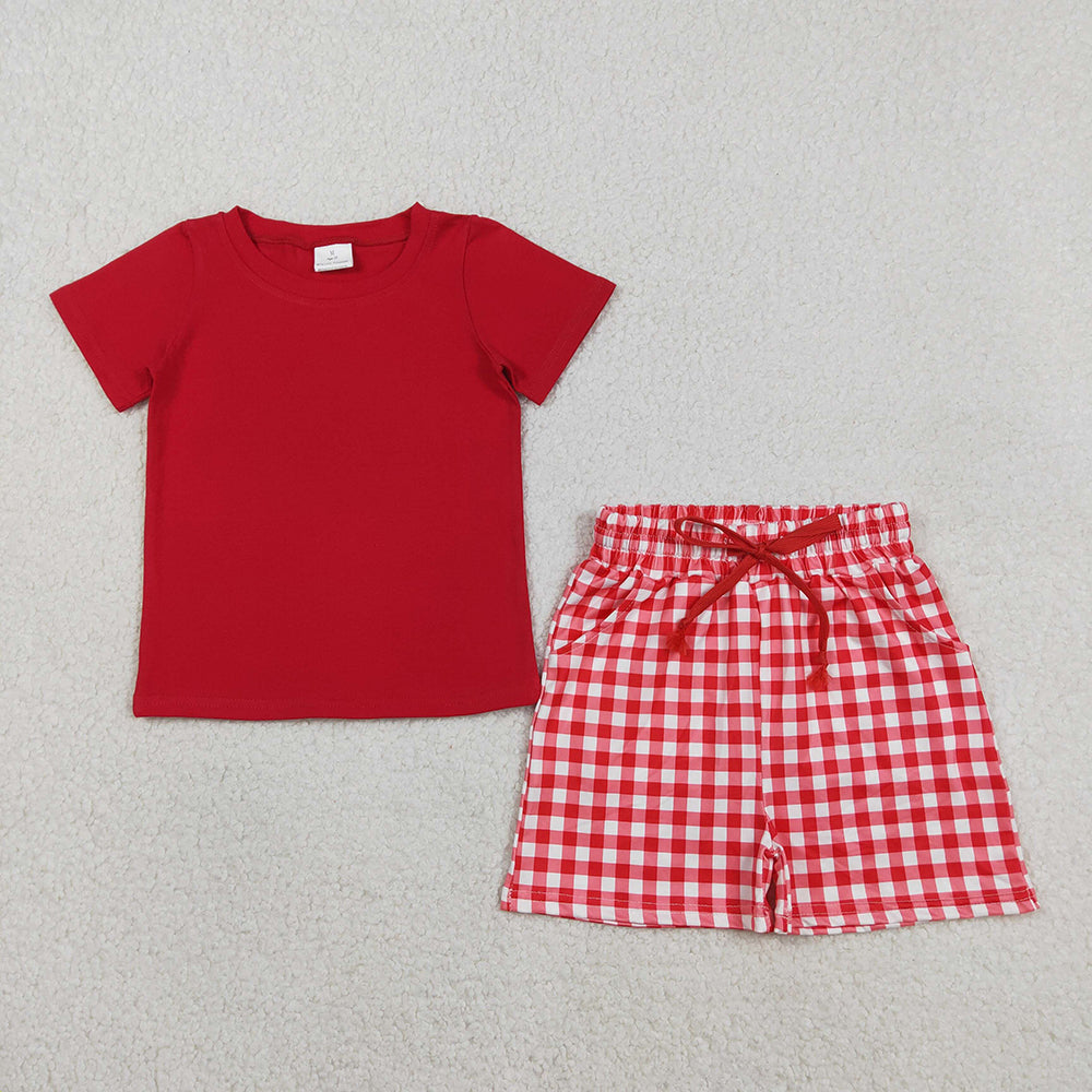 BSSO1884 Red Top Plaid Pockets Shorts Boys Summer Clothes Set