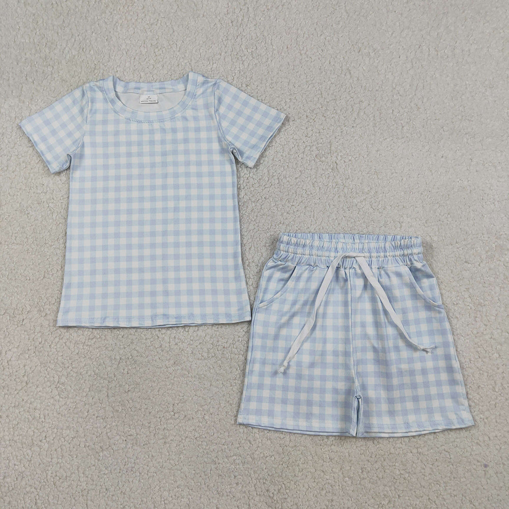 BSSO1896 Light Blue Plaid Print Boys Summer Clothes Set
