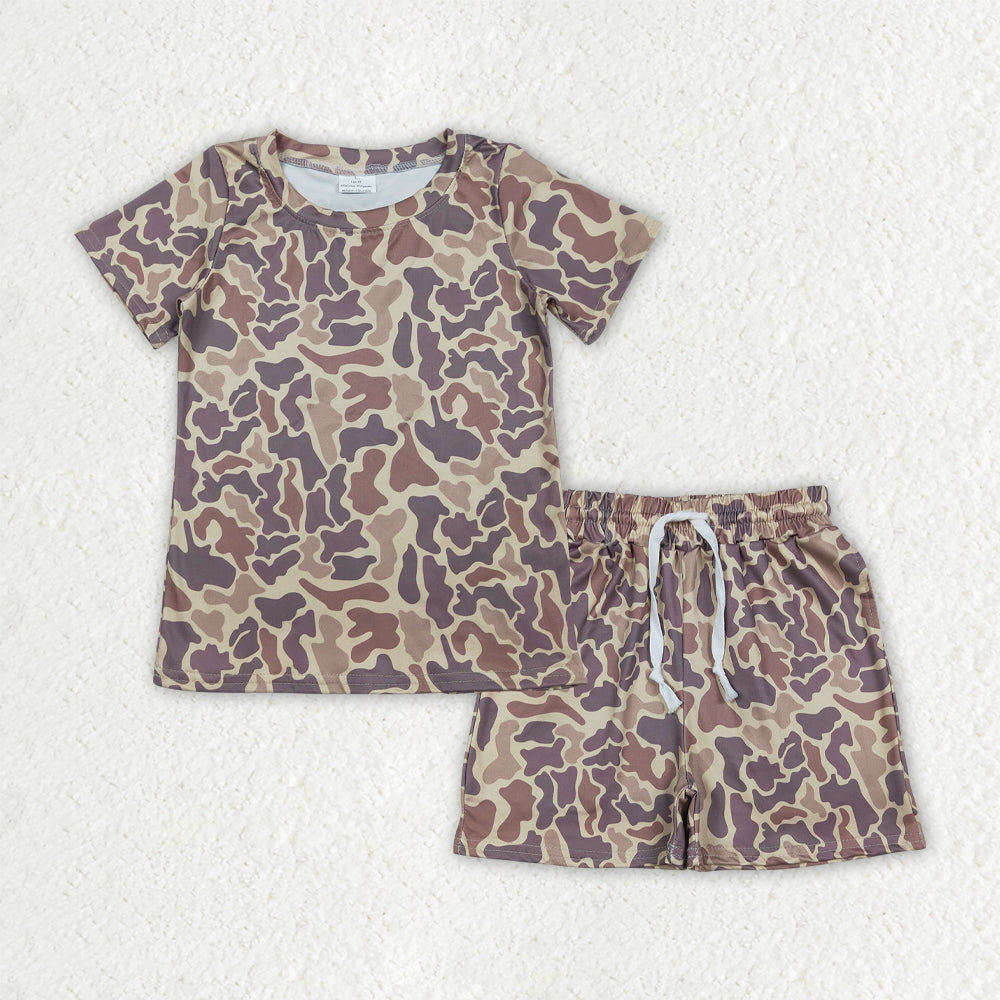 BSSO1909 Brown Green Camo Print Boys Summer Clothes Set