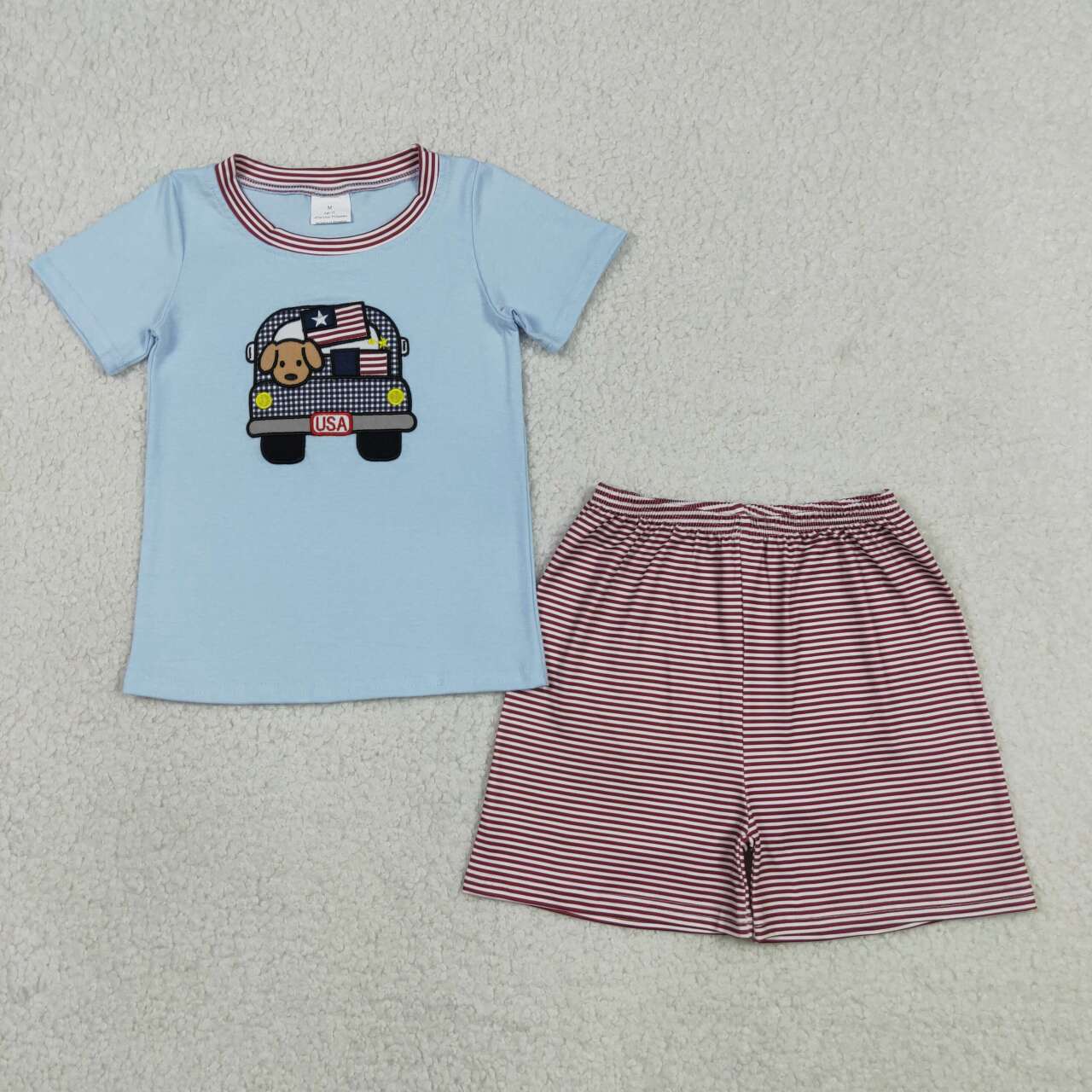 BSSO1918 Dog Car USA Embroidery Blue Tee & Stripes Shorts Boys’ 4th of July Clothes Set