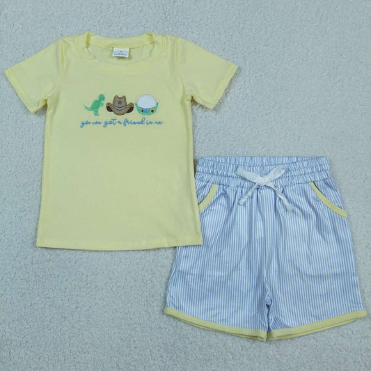 Dino Hat Cartoon Toy Embroidery Yellow Top Stripes Shorts Boys Summer Clothes Set