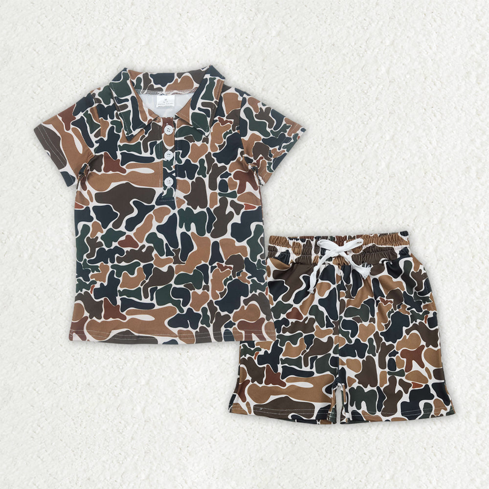 BSSO1998 Brown Camo Print Polo Top Pockets Shorts Boys Summer Clothes Set