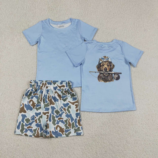 BSSO1999 Dog Hunting Blue Top Blue Camo Shorts Boys Summer Clothes Set