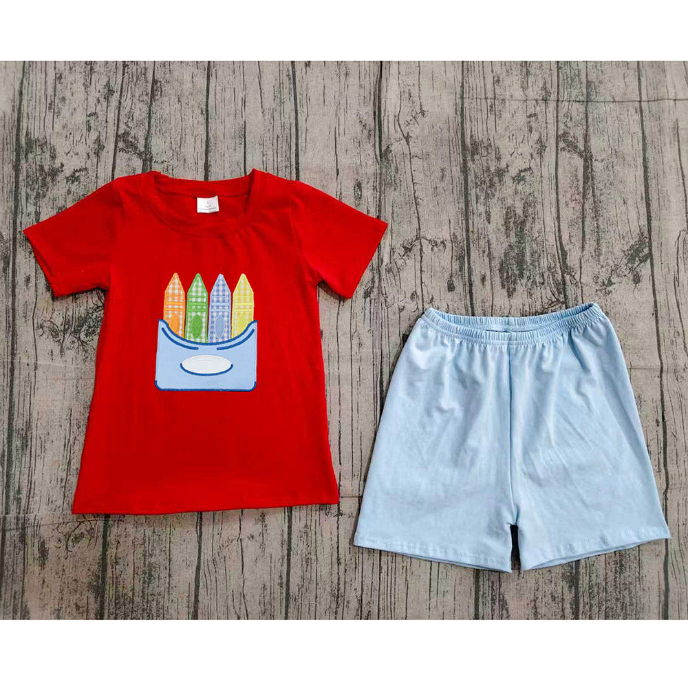 BSSO2023 Preorder Pen Red Top Blue Shorts Boys Back to School Clothes Set