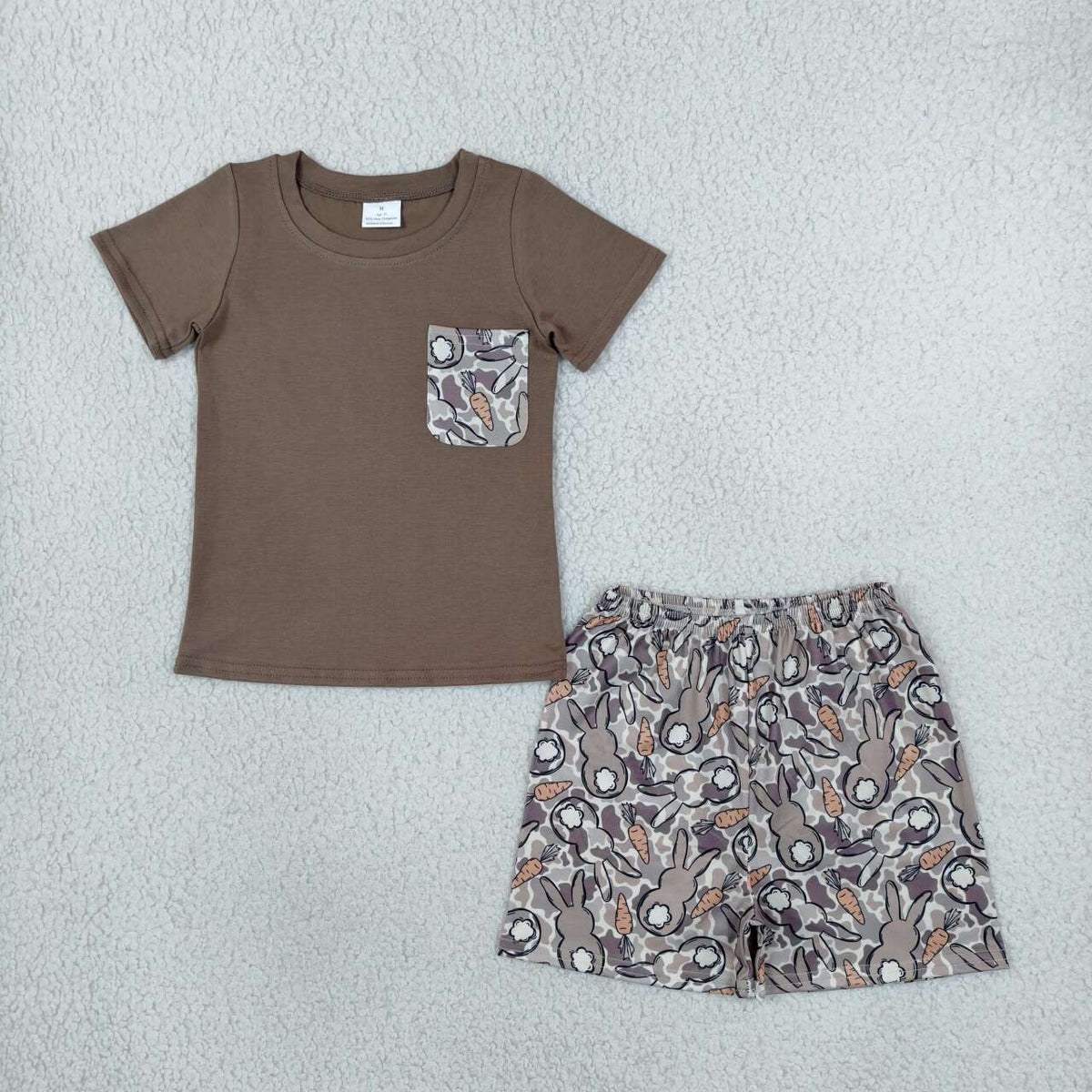 BSSO2044 Brown Pocket Top Bunny Camo Shorts Boys Easter Clothes Set