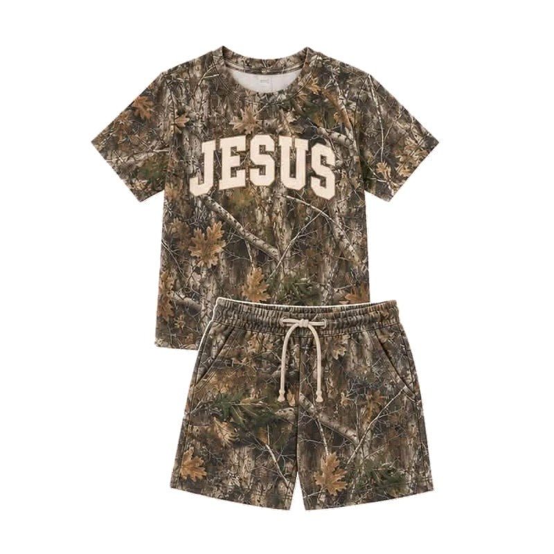 10.31 Preorder BSSO2049 Kids Boys Camo Jesis Short Sleeve Top Shorts Outfit
