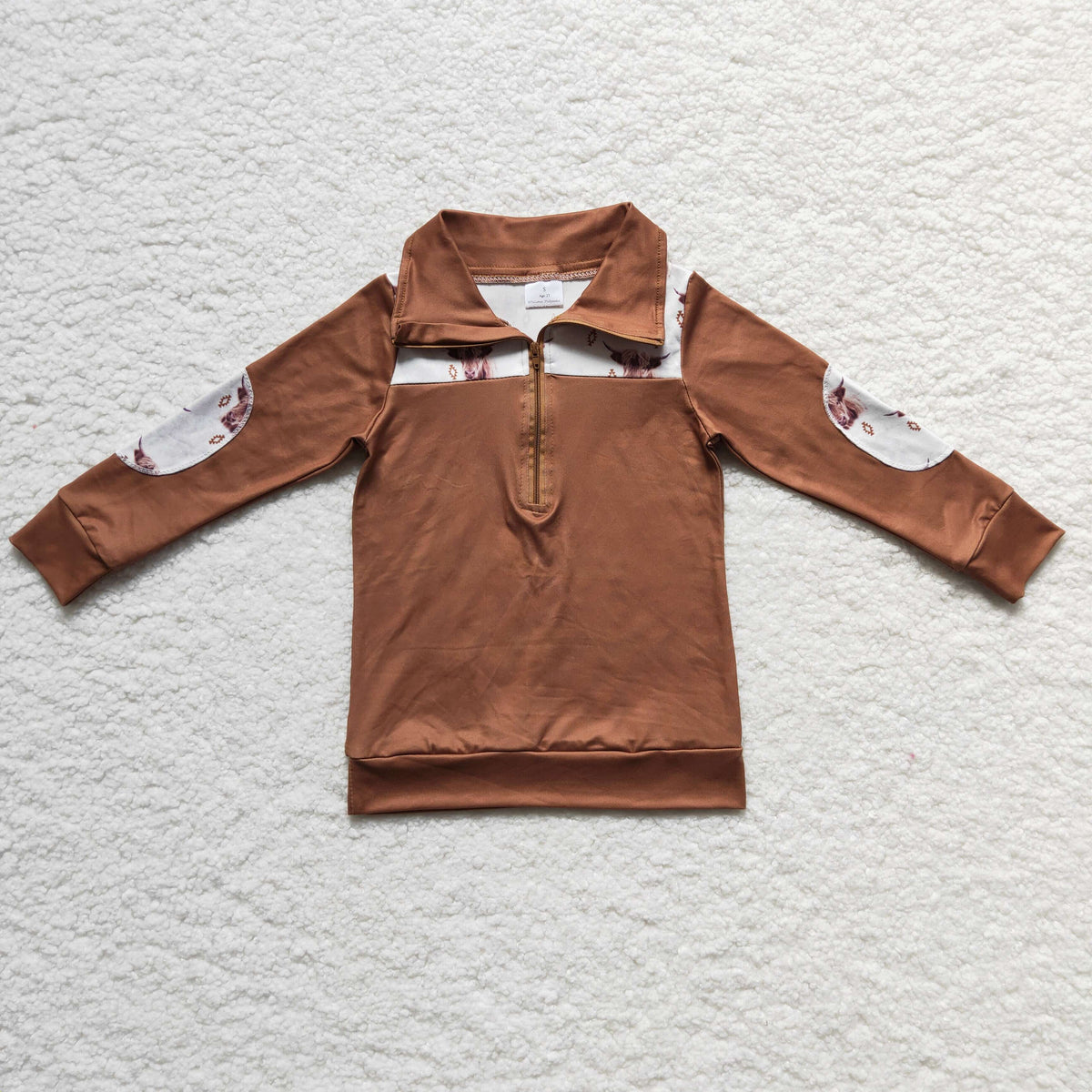 BT0104 Highland Cow Brown Print Boys Long Sleeve Zipper Pullover Top