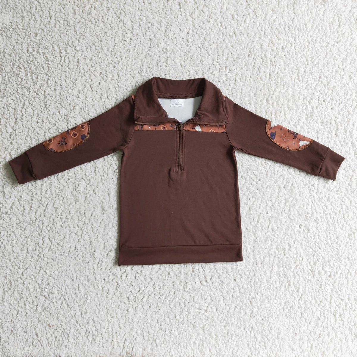 BT0111 Cow Skull Brown Print Boys Long Sleeve Zipper Pullover Top