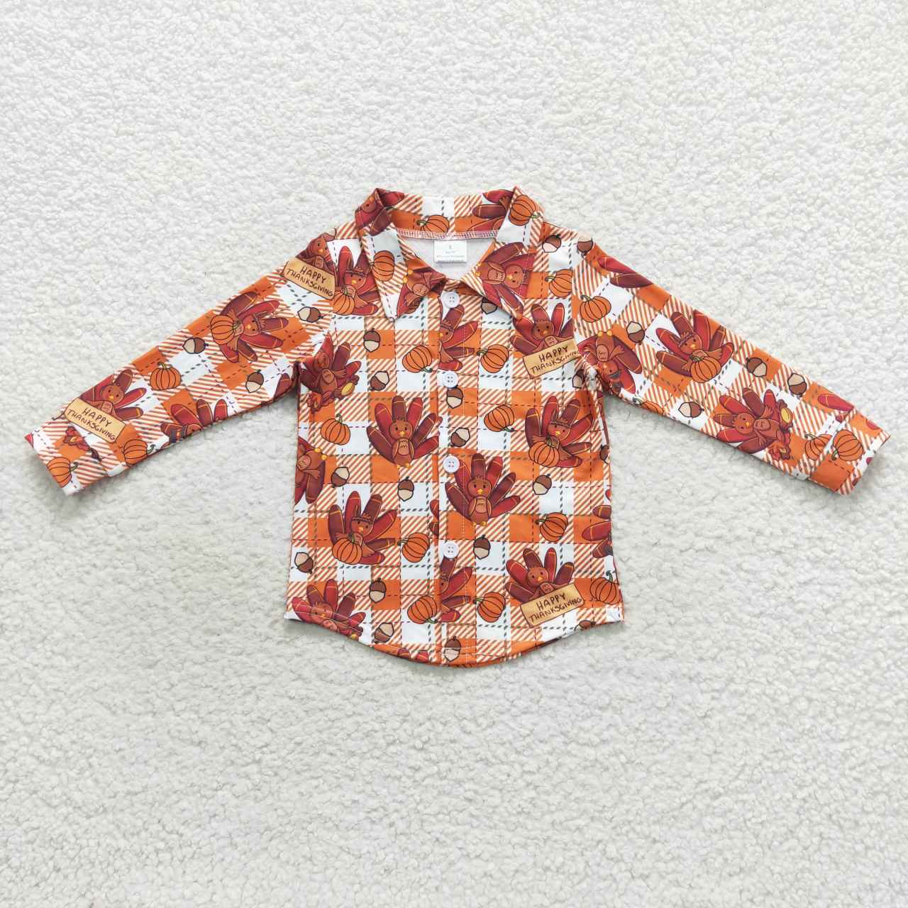 BT0255 Turkey Pumpkin Plaid Print Boys Thanksgiving Tee Shirts Top