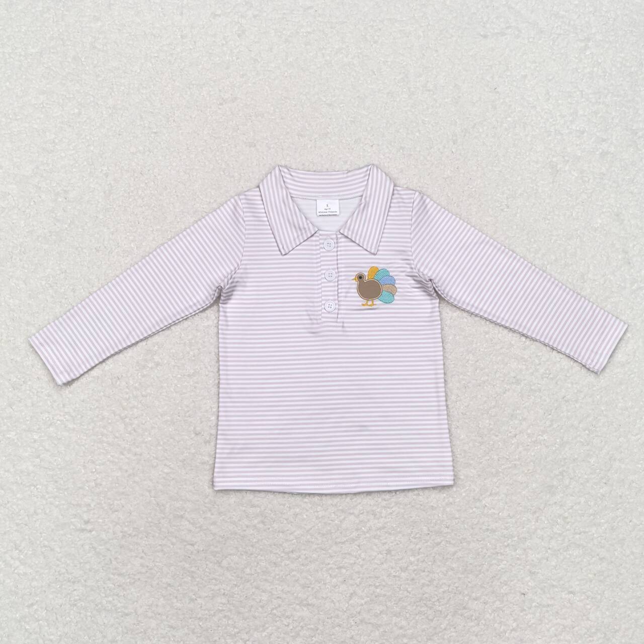 BT0807 Turkey Embroidery Stripes Boys Thanksgiving Polo Tee Shirts Top